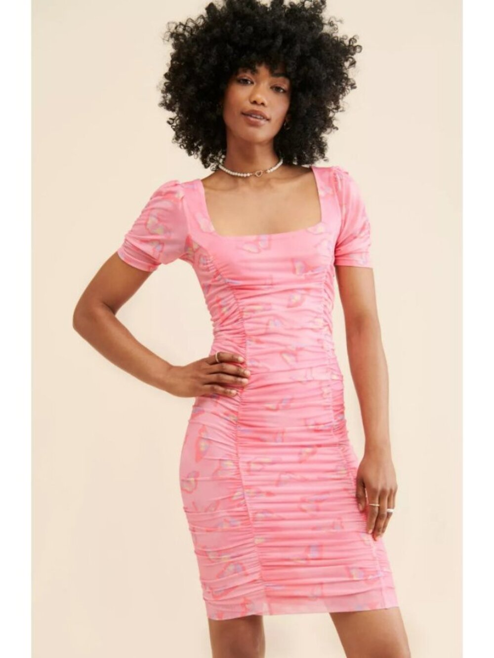 Cras Tessa Butterfly Pink Short Sleeve Ruched Mini Dress, Size 42 | XL, NWT $185